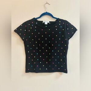 Dressbarn Embroidered Multicolor Polka Dot Short Sleeve Sweater Shirt Top Tee
